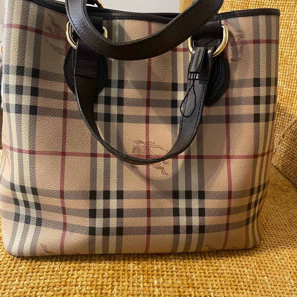 BURBERRY HAYMARKET CHECK COATED CANVAS BROWN LEATHER SMALL REGENT TOTE BAG